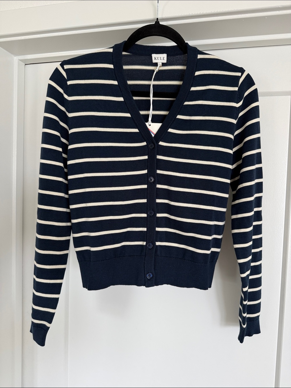NWT KULE Navy and Cream Striped V-Neck Button Front Cardigan